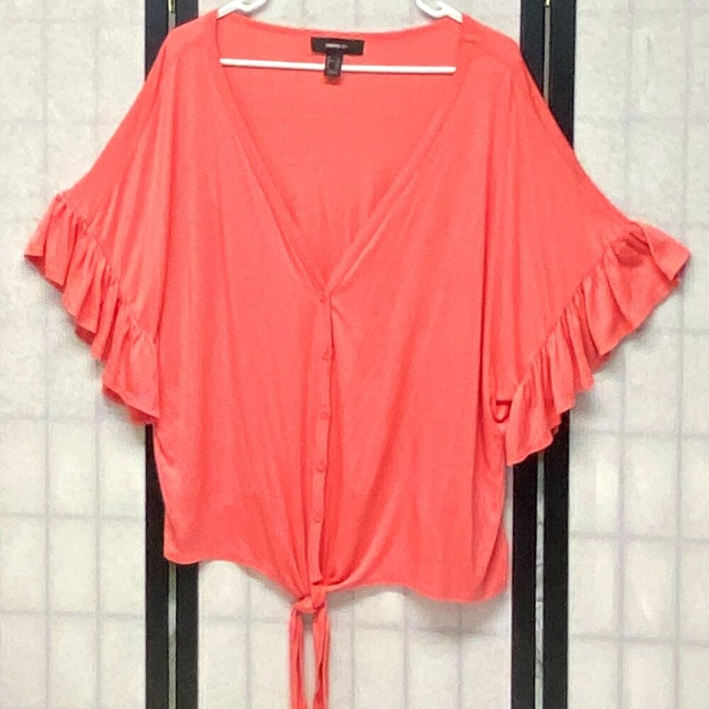 Forever 21+ Button Front Tie Waist Top 3X Coral Short Flutter Sleeve Lightweight